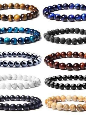 10PCS Tiger Eye Bracelet For Men 8MM Natural Stone Beads Bracelet Set Stretch